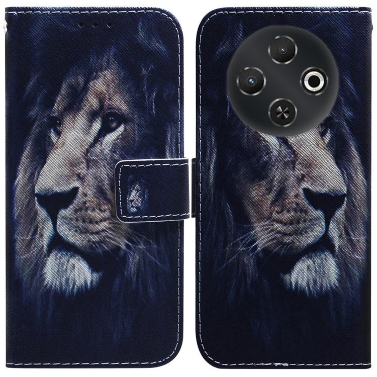Dark blue flip leather phone case with gray dog print and camera cutout