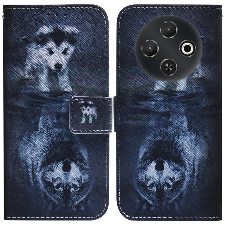 Blue flip leather phone case with white dog and paw prints and camera cutout