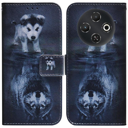 Blue flip leather phone case with white dog and paw prints and camera cutout