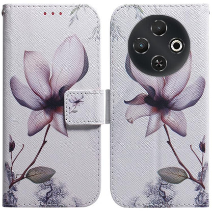 White flip leather phone case with pink magnolia flower print and camera cutout