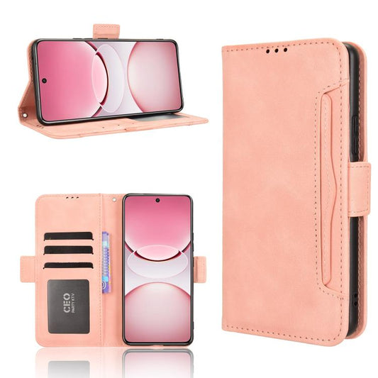 Pink leather phone case with card slots and flip cover, standing-style viewing support