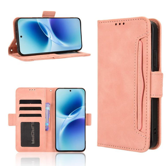 Pink leather phone case with card slots and flip cover, camera cutout and holder strap