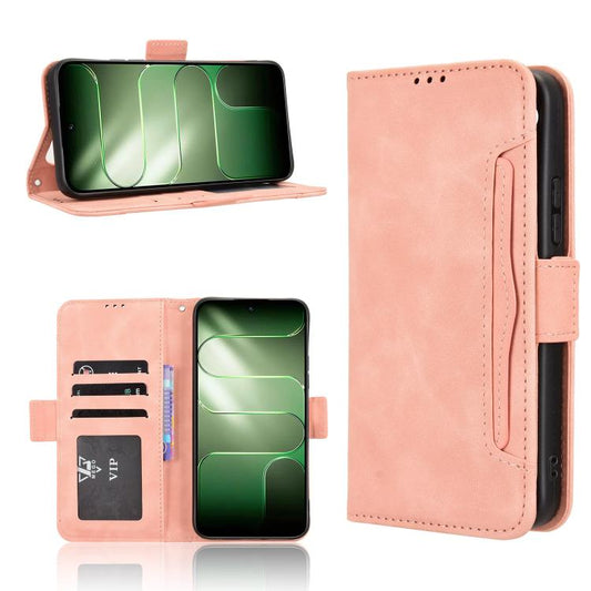 Pink leather phone case with card slots and side strap, folio style.