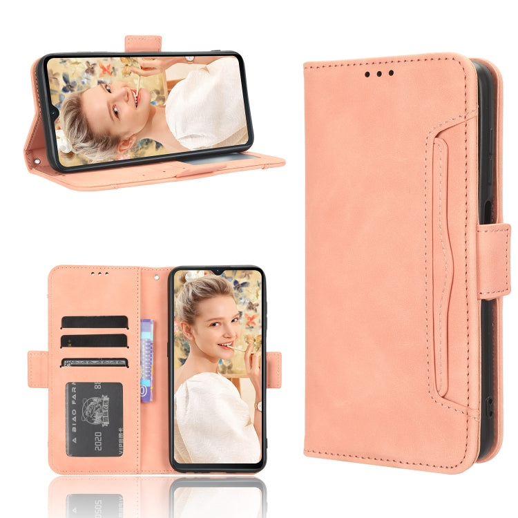 Pink leather phone case with card slots, flip cover open and phone display shown