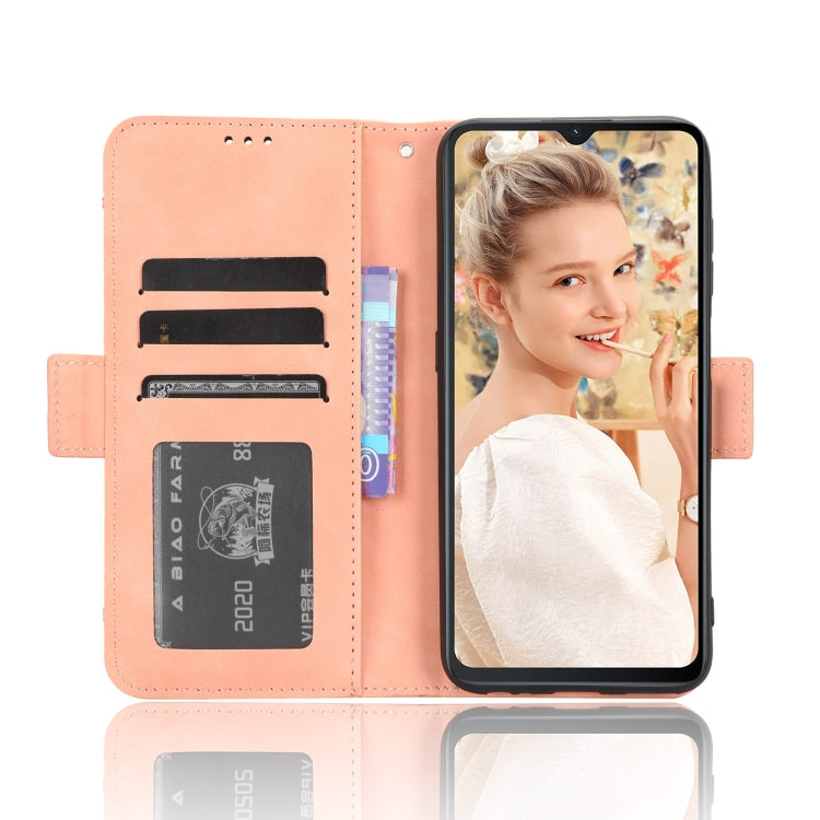 Pink leather phone case with multiple card slots and phone front shown