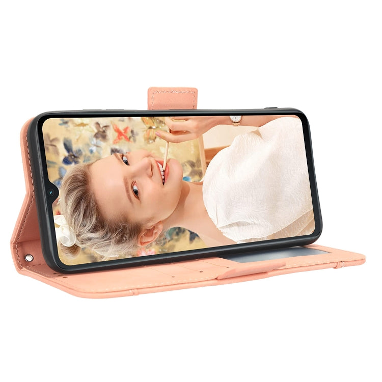 Pink leather flip phone case with card slots, cover open in landscape view
