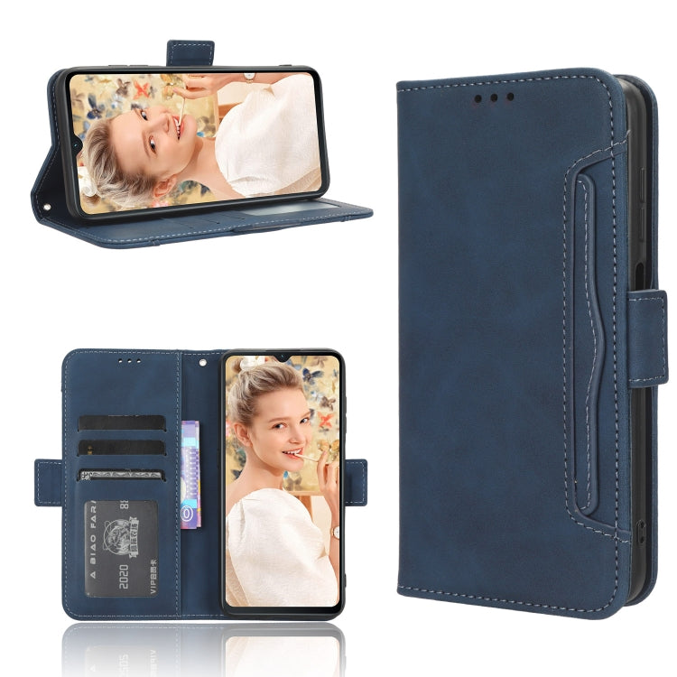 Blue leather phone case with card slots, open wallet view and closed back shown