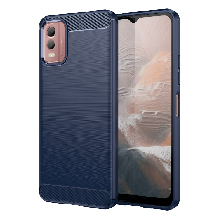 Blue TPU phone case with carbon-fiber style texture on back and protective front lip