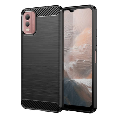 Black TPU phone case with carbon-fiber texture and pink camera-side accent