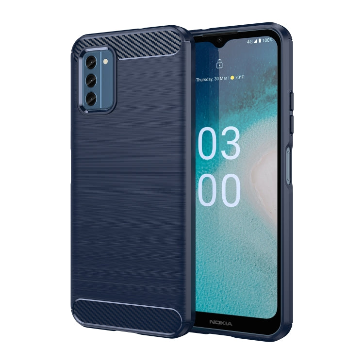 Blue brushed carbon-fiber TPU phone case with camera cutout and rugged corner texture