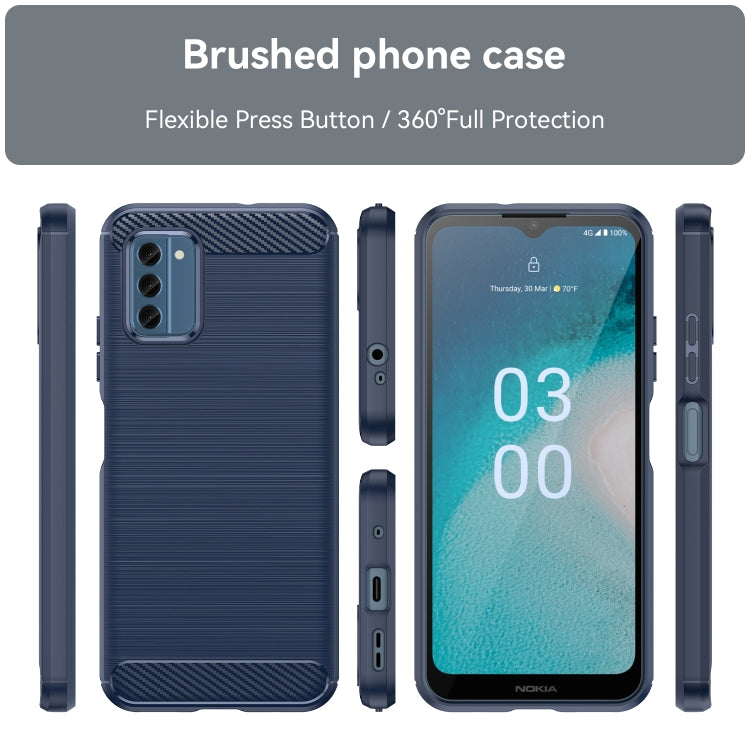 Blue TPU phone case showing front, back, and side ports with textured carbon-fiber pattern