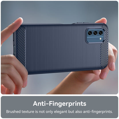 Blue brushed TPU phone case with textured back, camera cutouts, and visible side controls