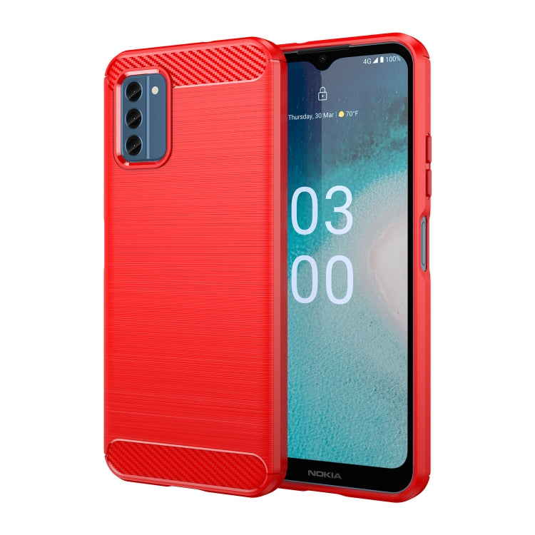 Red brushed carbon-fiber TPU phone case with camera cutout and rugged corner texture