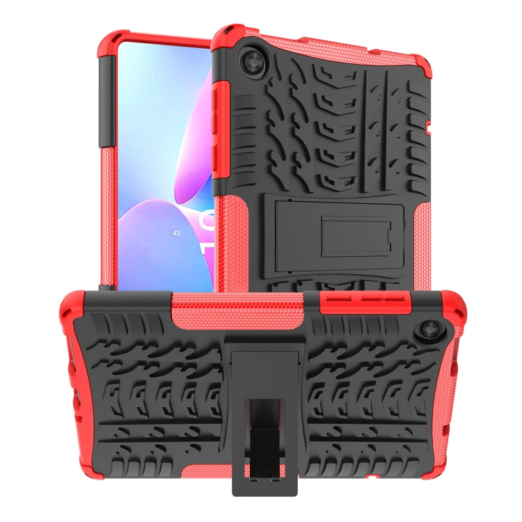 Red hybrid tablet case with rugged tire-texture pattern and built-in kickstand
