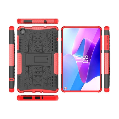 Rugged red/black hybrid tablet case with tire-texture back and side grips