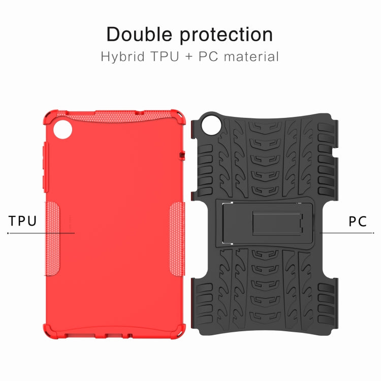 Red tablet case showing TPU front and PC back with rugged tire-texture surface