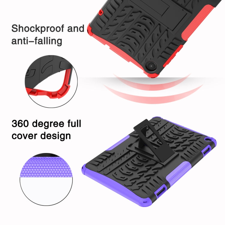 Purple tablet case with rugged tire-texture cover and kickstand stand feature