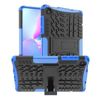 Blue hybrid tablet case with rugged tire-texture back and kickstand