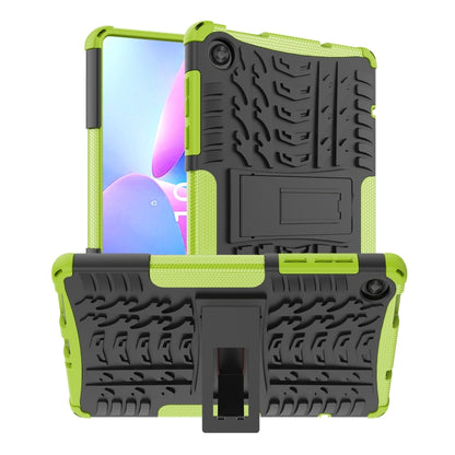 Green rugged tablet case with tire-texture back and built-in kickstand