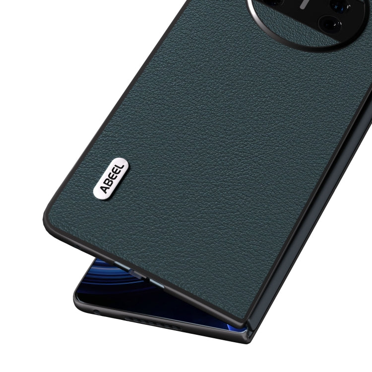 Genuine leather phone case with circular camera cutout, dark green textured surface