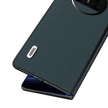 Genuine leather phone case with circular camera cutout, dark green textured surface
