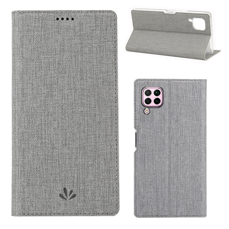 Grey fabric-texture magnetic flip phone case with card slot and camera cutout