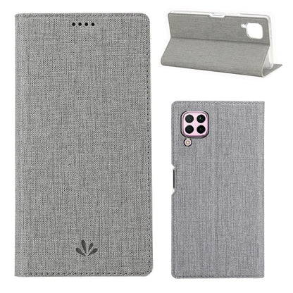 Grey fabric-texture magnetic flip phone case with card slot and camera cutout