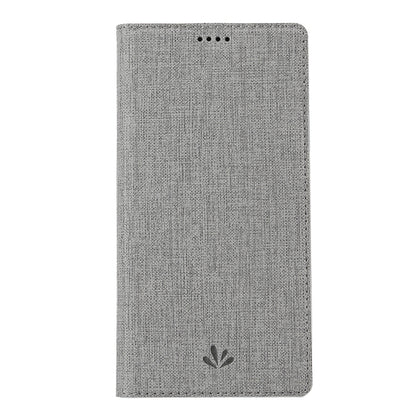 Grey fabric-texture flip phone case with front camera and speaker openings