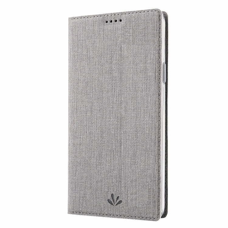 Grey fabric-texture flip phone case with side button cutouts and magnetic closure