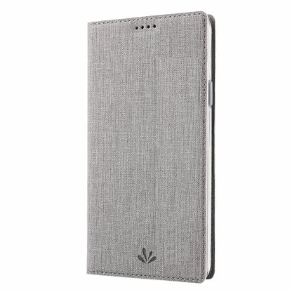 Grey fabric-texture flip phone case with side button cutouts and magnetic closure