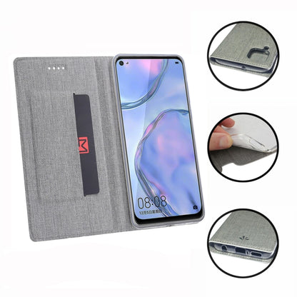 Grey magnetic flip phone case with front card slot and visible phone screen