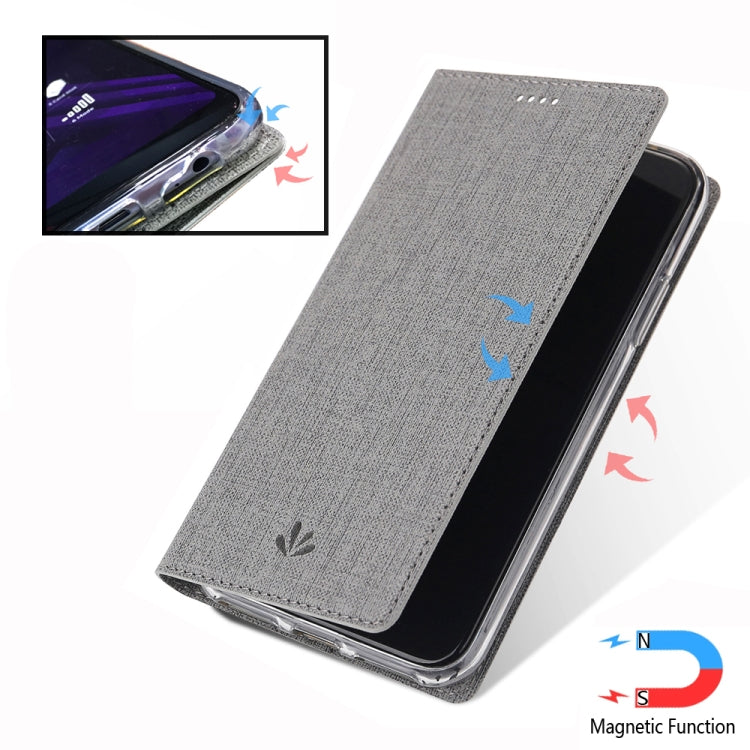 Grey flip phone case with magnetic closure and textured fabric cover