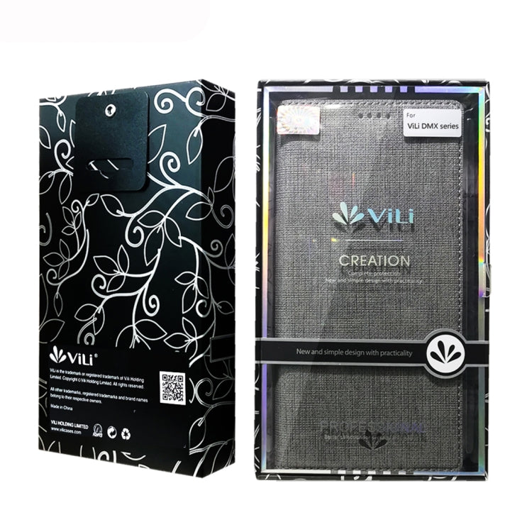 ViLi phone case packaging with grey fabric-texture flip case inside