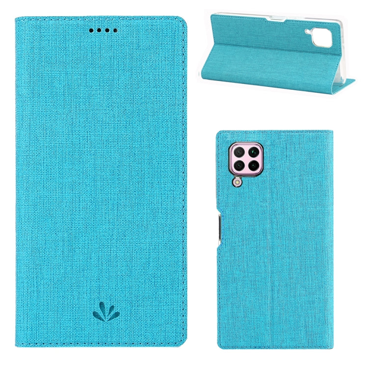 Magnetic flip phone case with card slots and stand, blue fabric finish