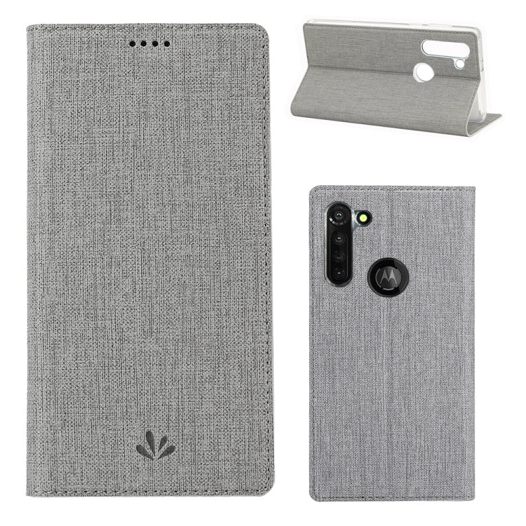 Magnetic flip phone case with card slots and stand, gray fabric finish