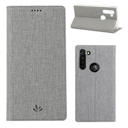 Magnetic flip phone case with card slots and stand, gray fabric finish