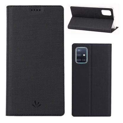 Magnetic flip phone case with card slots and stand, black textured fabric