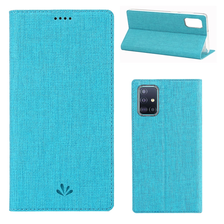 Blue fabric-textured flip phone case with magnetic closure and horizontal stand