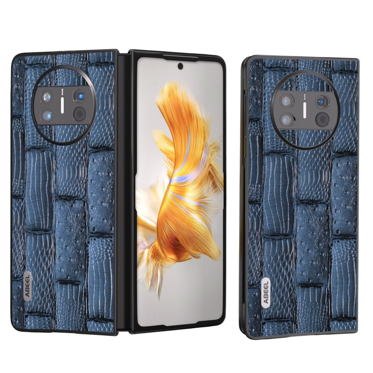 Blue genuine leather phone case with mahjong texture and flip-open front