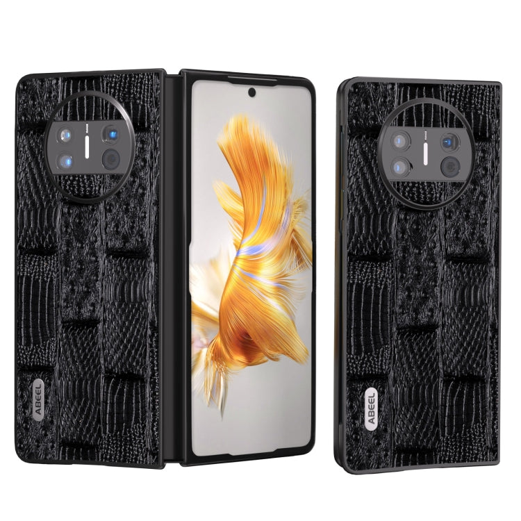 Black genuine leather phone case with mahjong texture and flip-open view