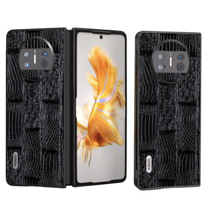 Black genuine leather phone case with mahjong texture and flip-open view