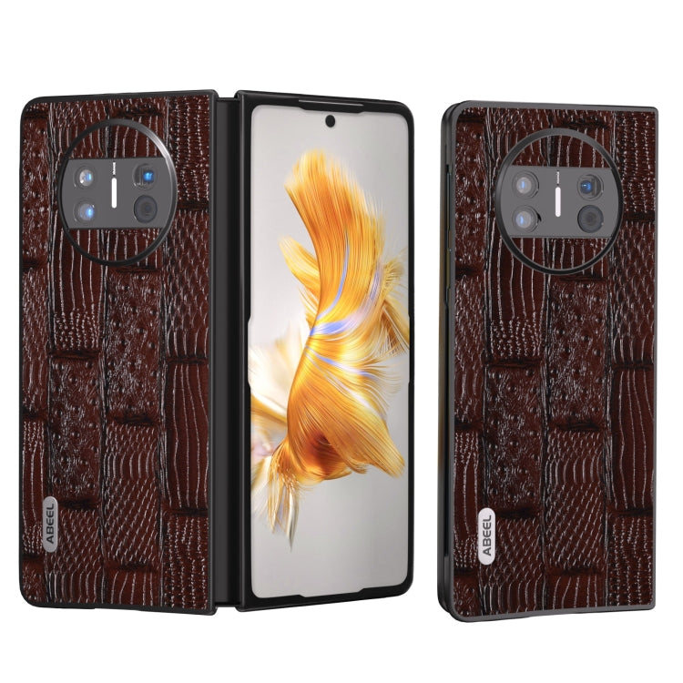 Brown genuine leather phone case with mahjong texture and flip-open design