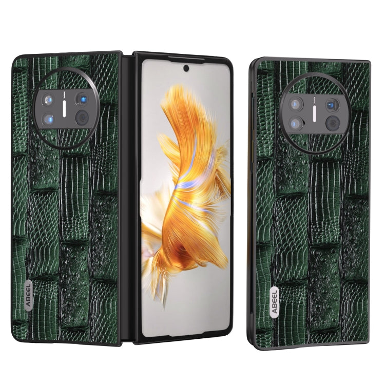 Genuine leather phone case with green mahjong-textured back and camera cutouts