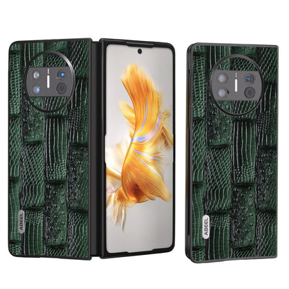 Genuine leather phone case with green mahjong-textured back and camera cutouts