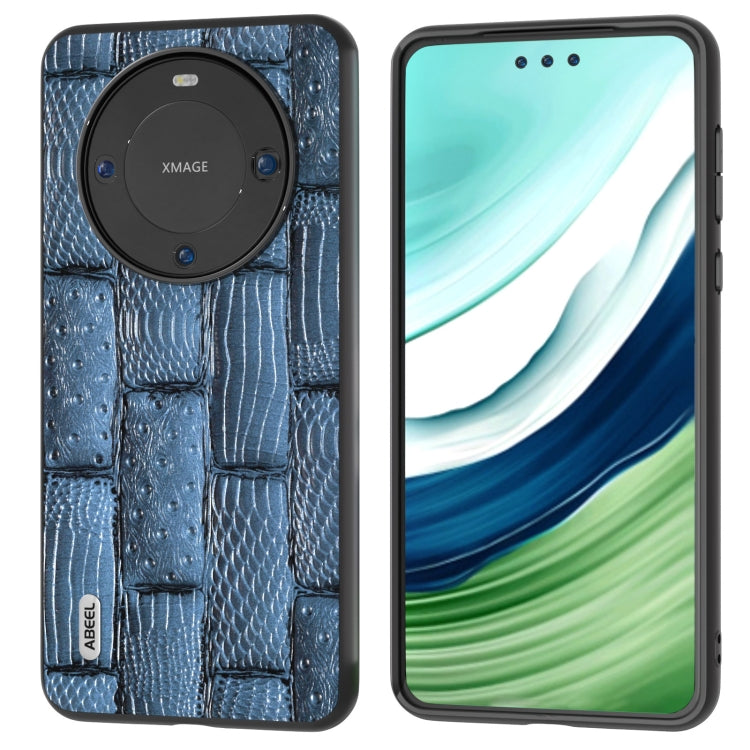 Genuine leather phone case with blue mahjong texture and round camera cutout