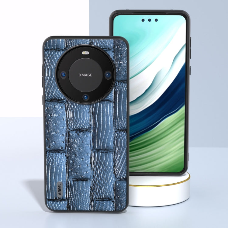 Blue genuine leather phone case with mahjong texture, front and back view