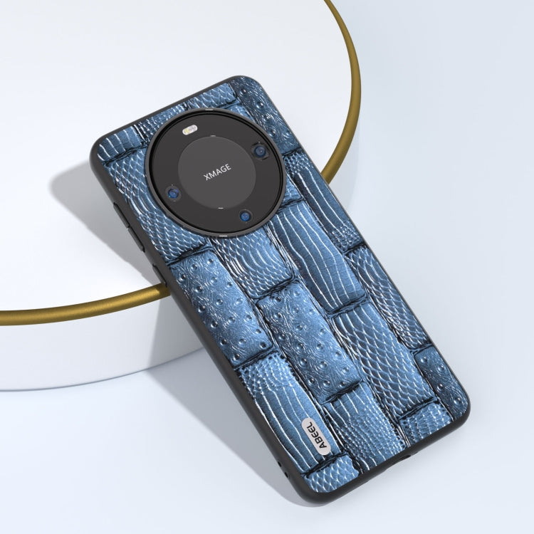 Blue mahjong-texture genuine leather phone case with circular camera module