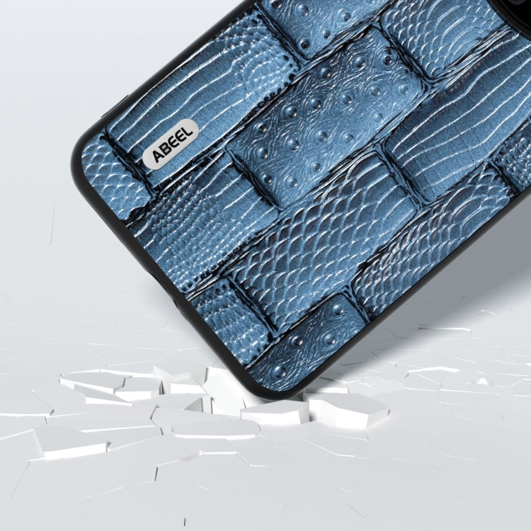 Blue mahjong texture genuine leather phone case close-up with embossed patchwork