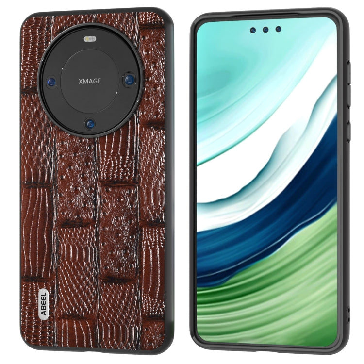 Brown genuine leather phone case with mahjong texture and circular camera cutout