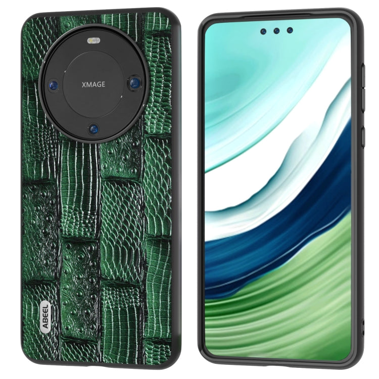 Green genuine leather phone case with mahjong texture, front cover and camera opening